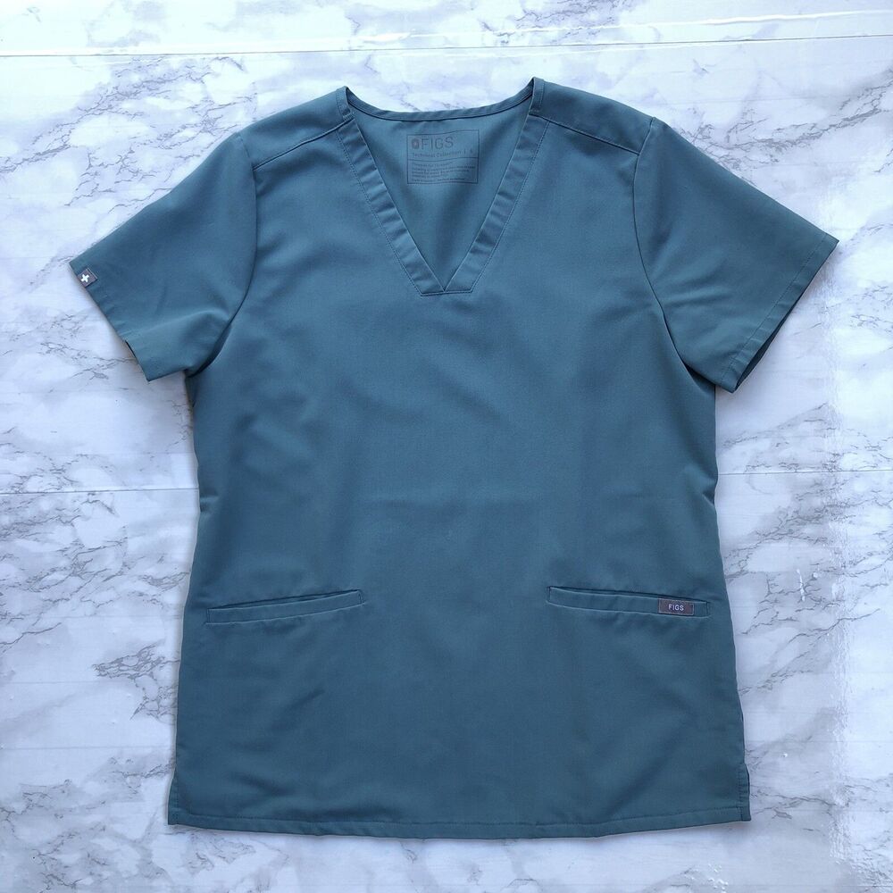 FIGS Casma Three Pocket Teal Blue/Green V Neck Fitted Scrub Top Women's Sz Small